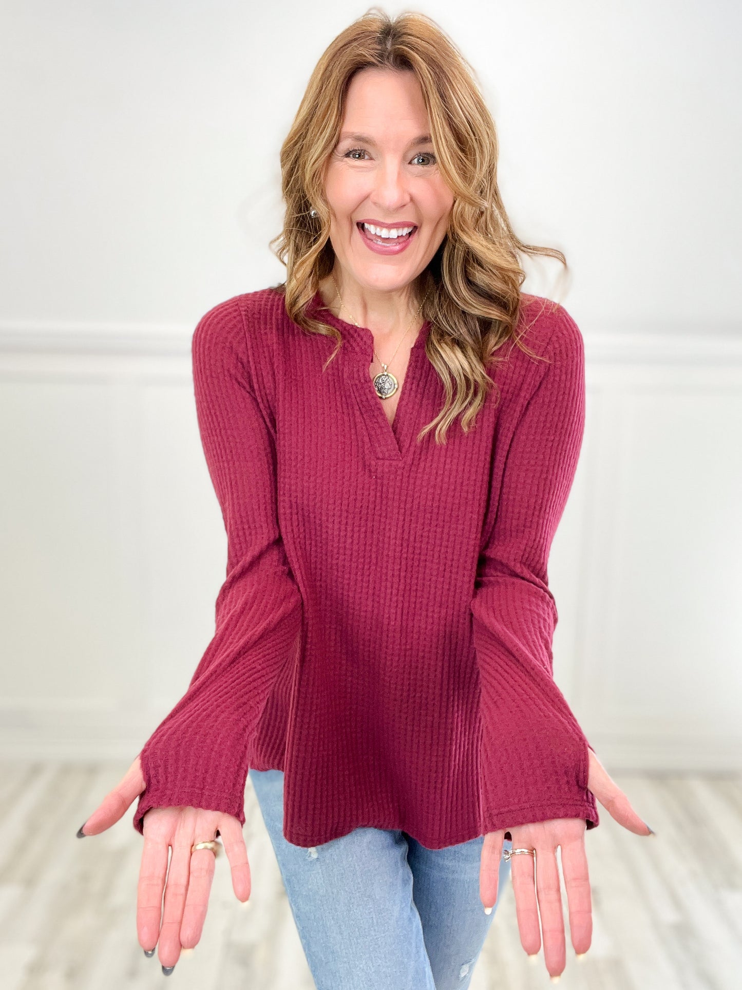 Bite The Bullet Long Sleeve Waffle Knit V-Neck Top