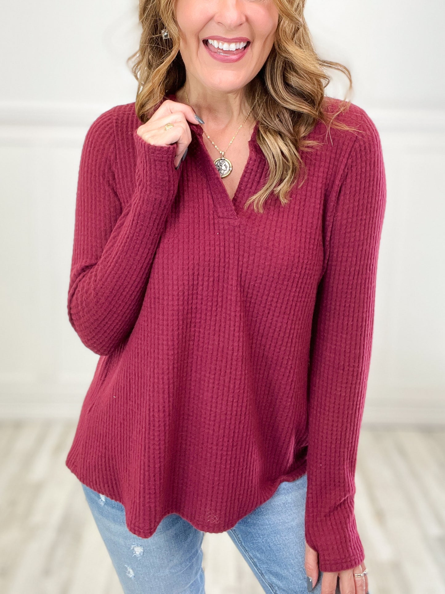 Bite The Bullet Long Sleeve Waffle Knit V-Neck Top