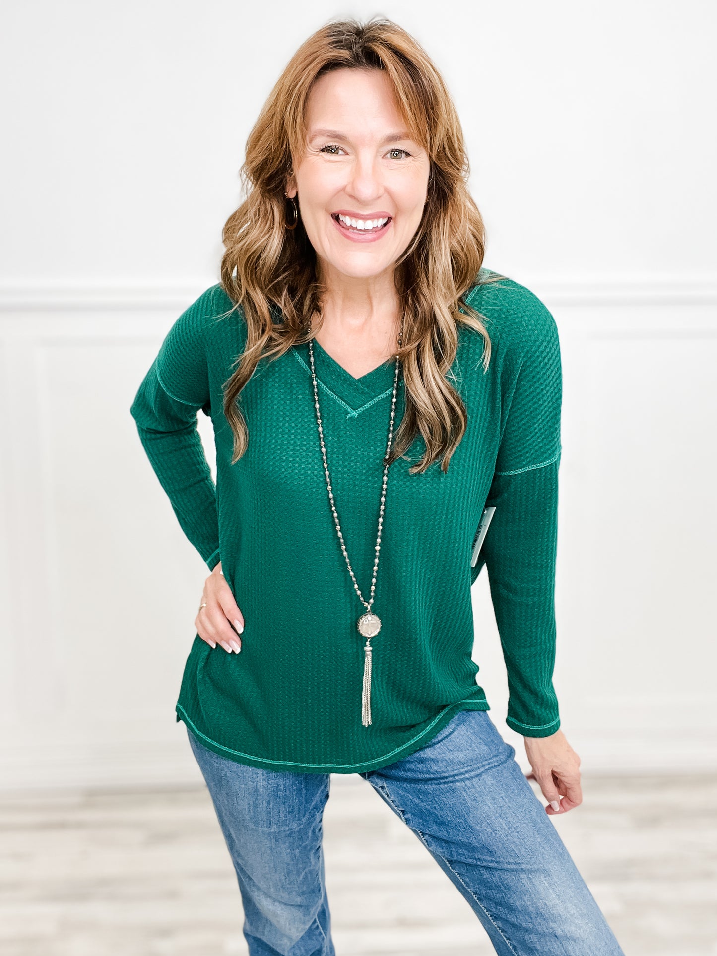 Dropped Shoulder V-Neck Long Sleeve Top