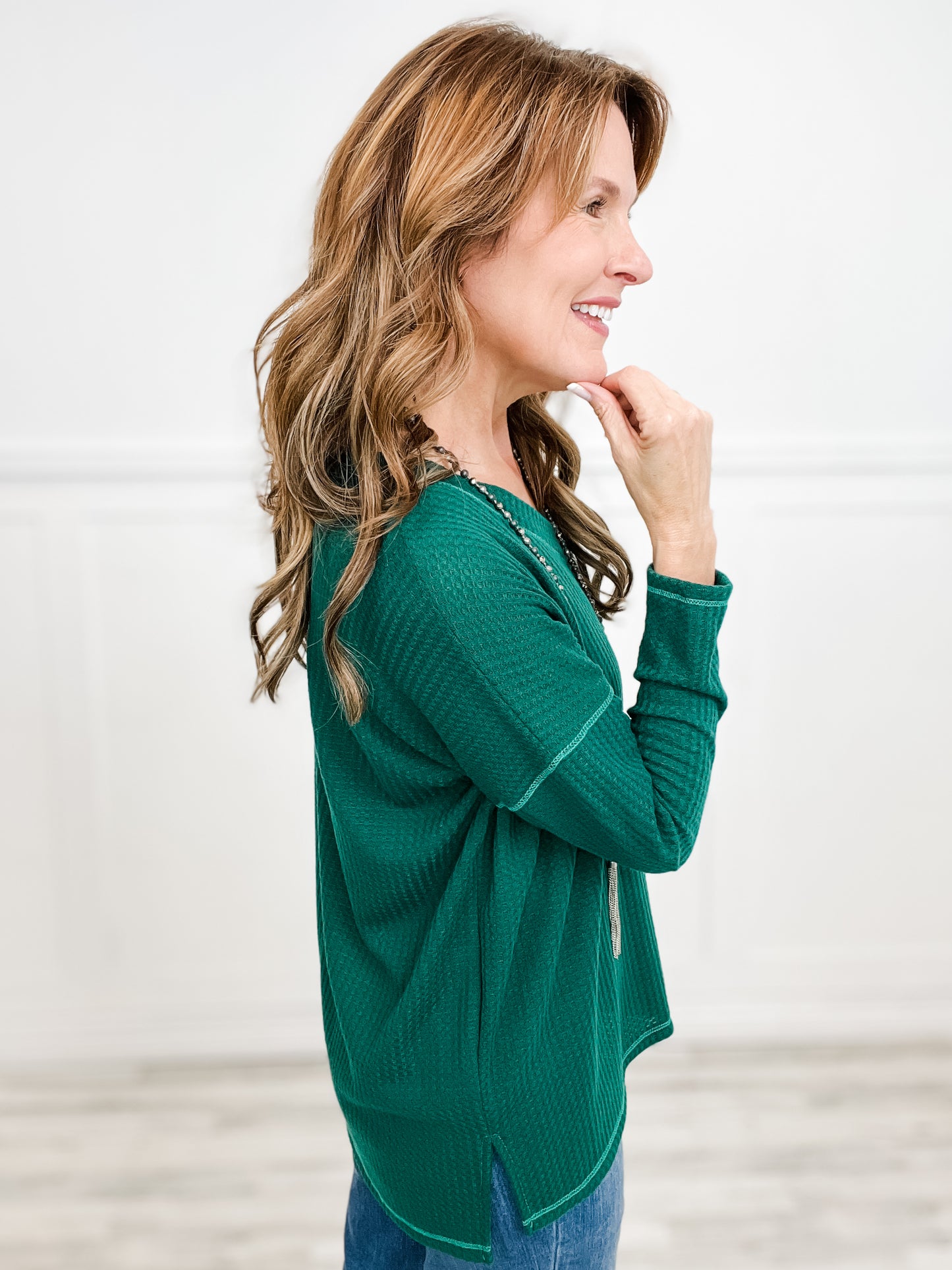 Dropped Shoulder V-Neck Long Sleeve Top