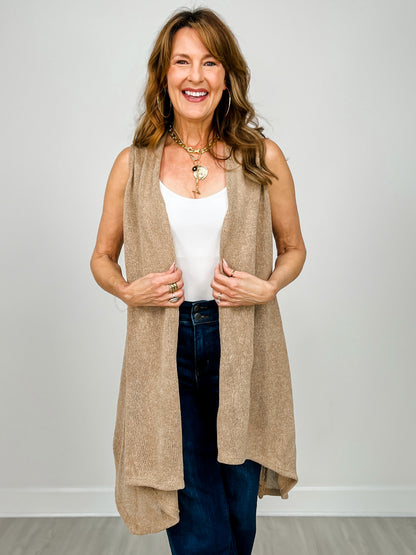 Front Drape Open Front Sleeveless Knit Vest in ALMOND