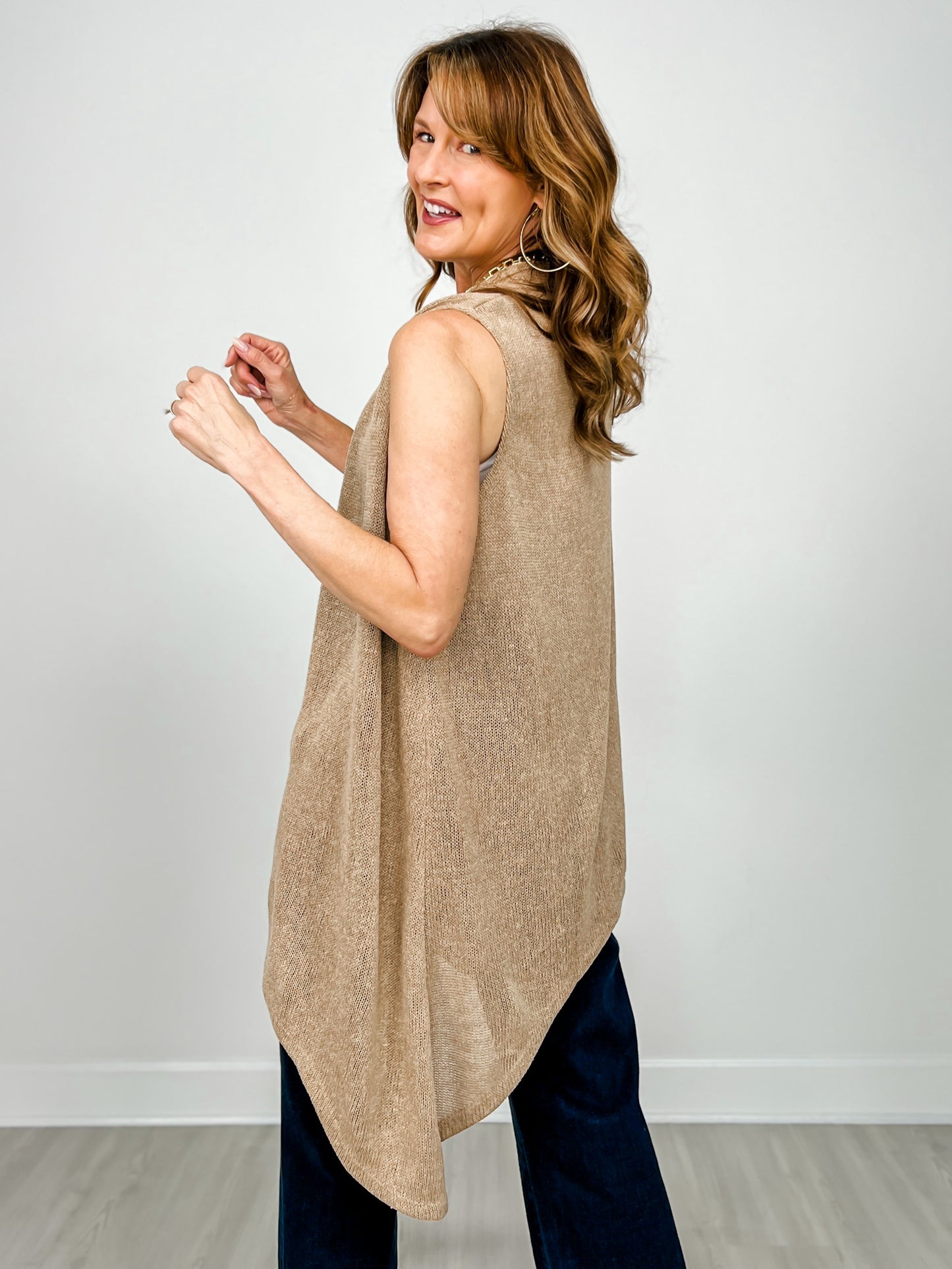 Front Drape Open Front Sleeveless Knit Vest in ALMOND