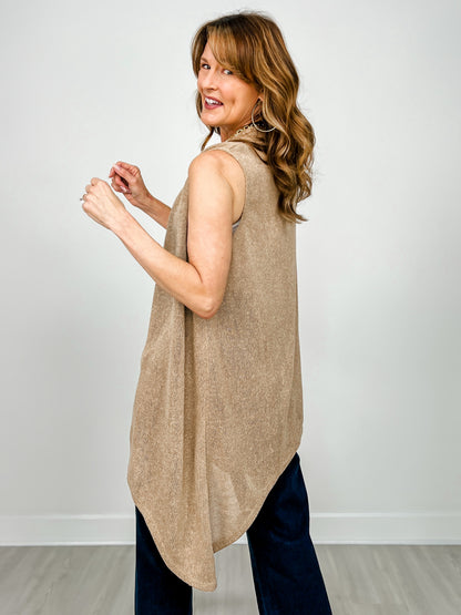 Front Drape Open Front Sleeveless Knit Vest in ALMOND
