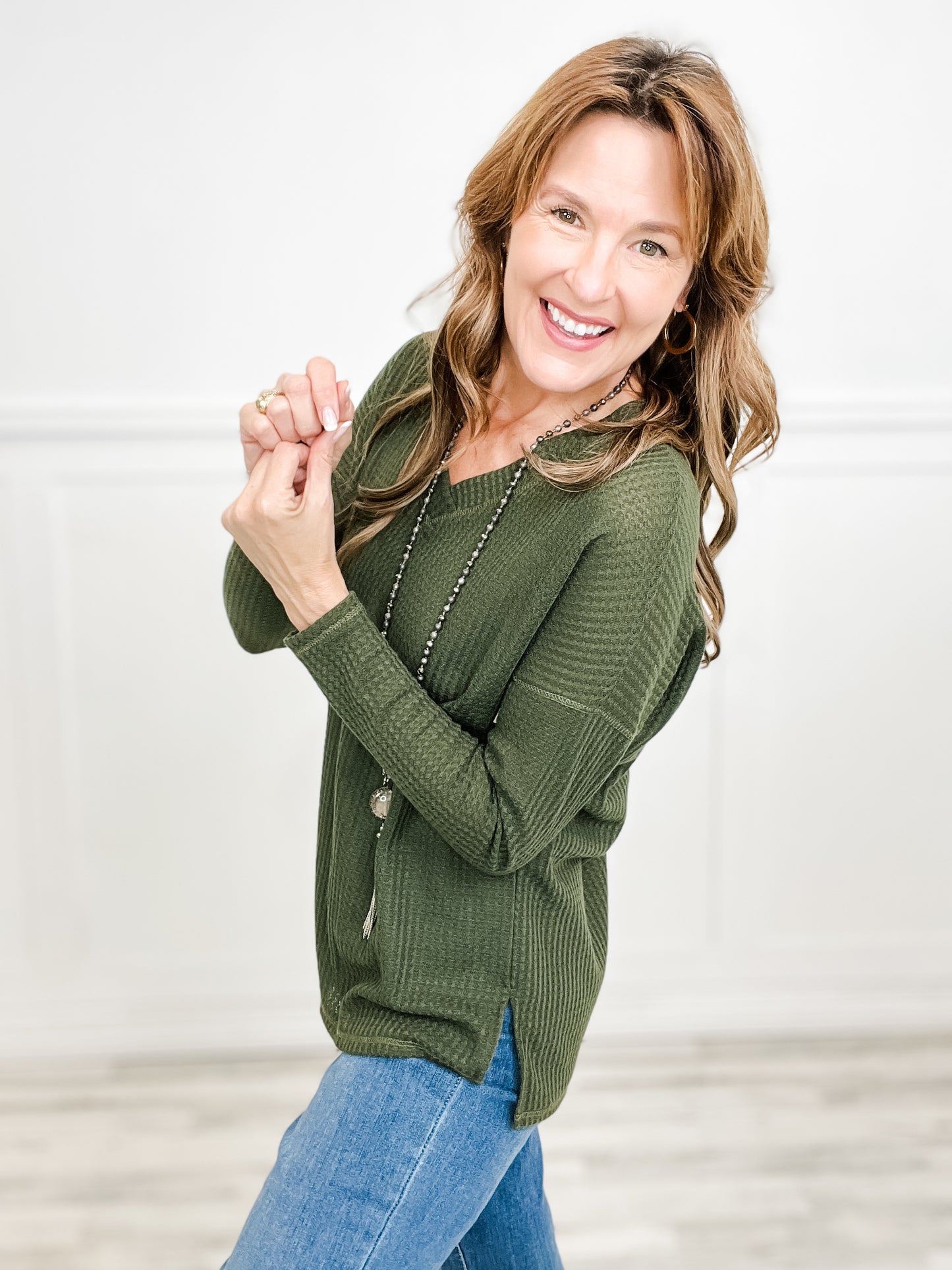 Dropped Shoulder V-Neck Long Sleeve Top