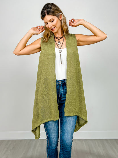 Front Drape Open Front Sleeveless Knit Vest in AVOCADO