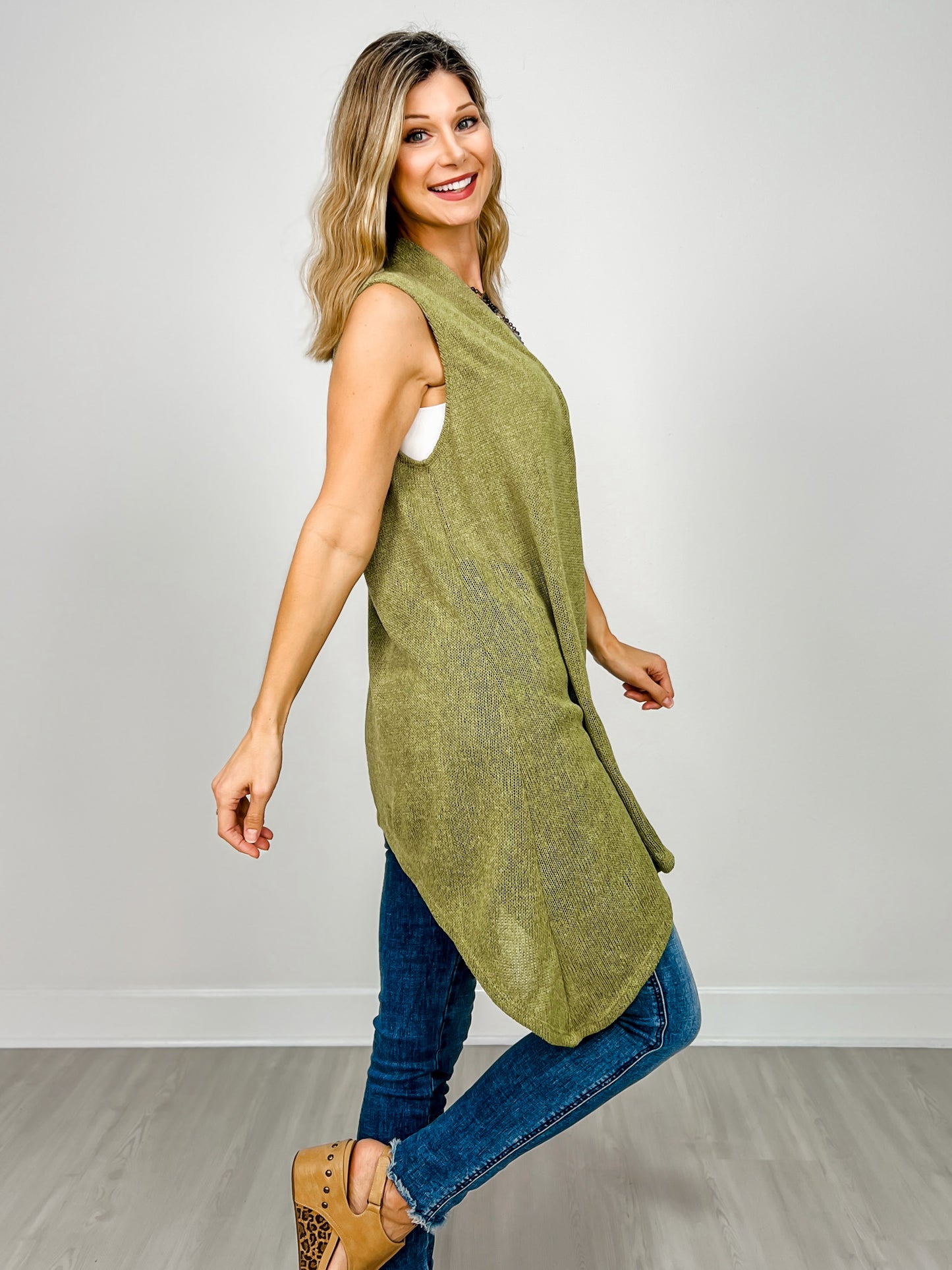 Front Drape Open Front Sleeveless Knit Vest in AVOCADO