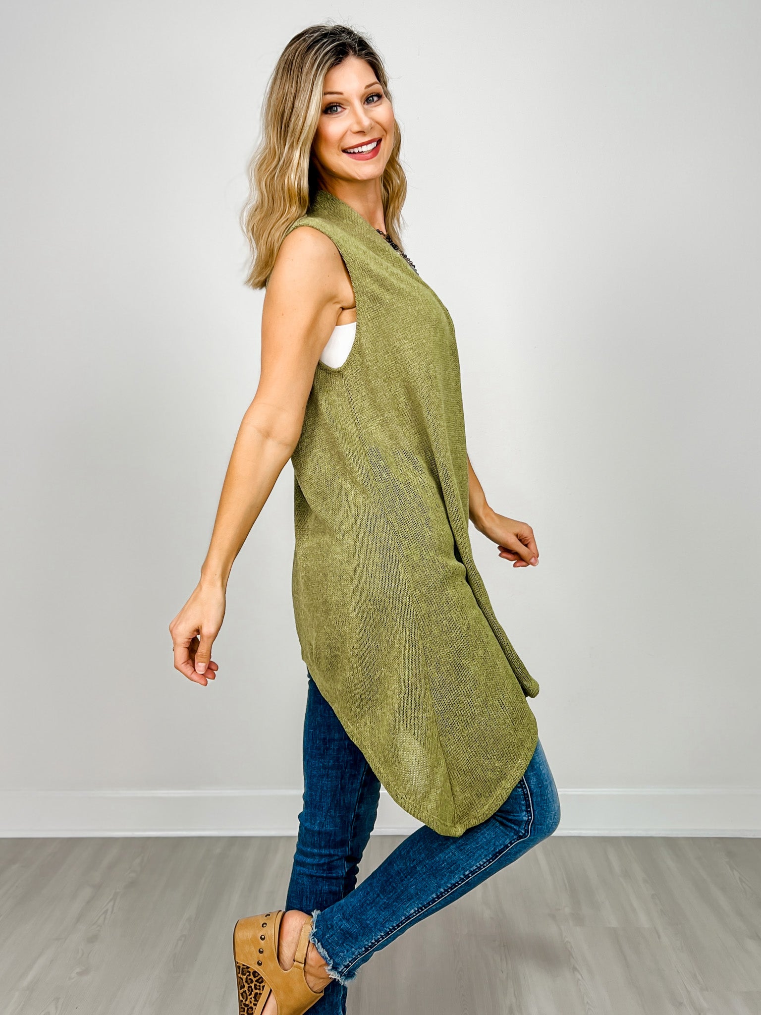Front Drape Open Front Sleeveless Knit Vest in AVOCADO