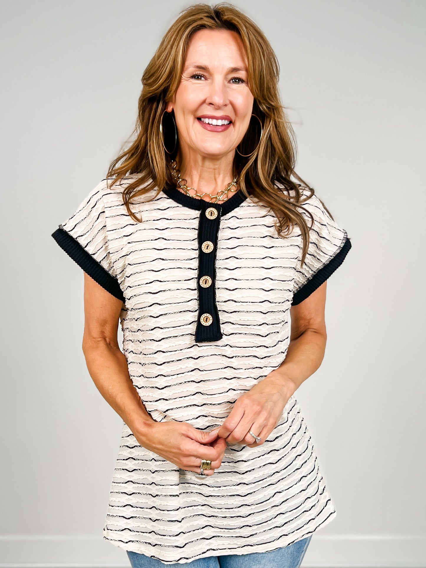 Short Sleeve Striped Henley Style Top