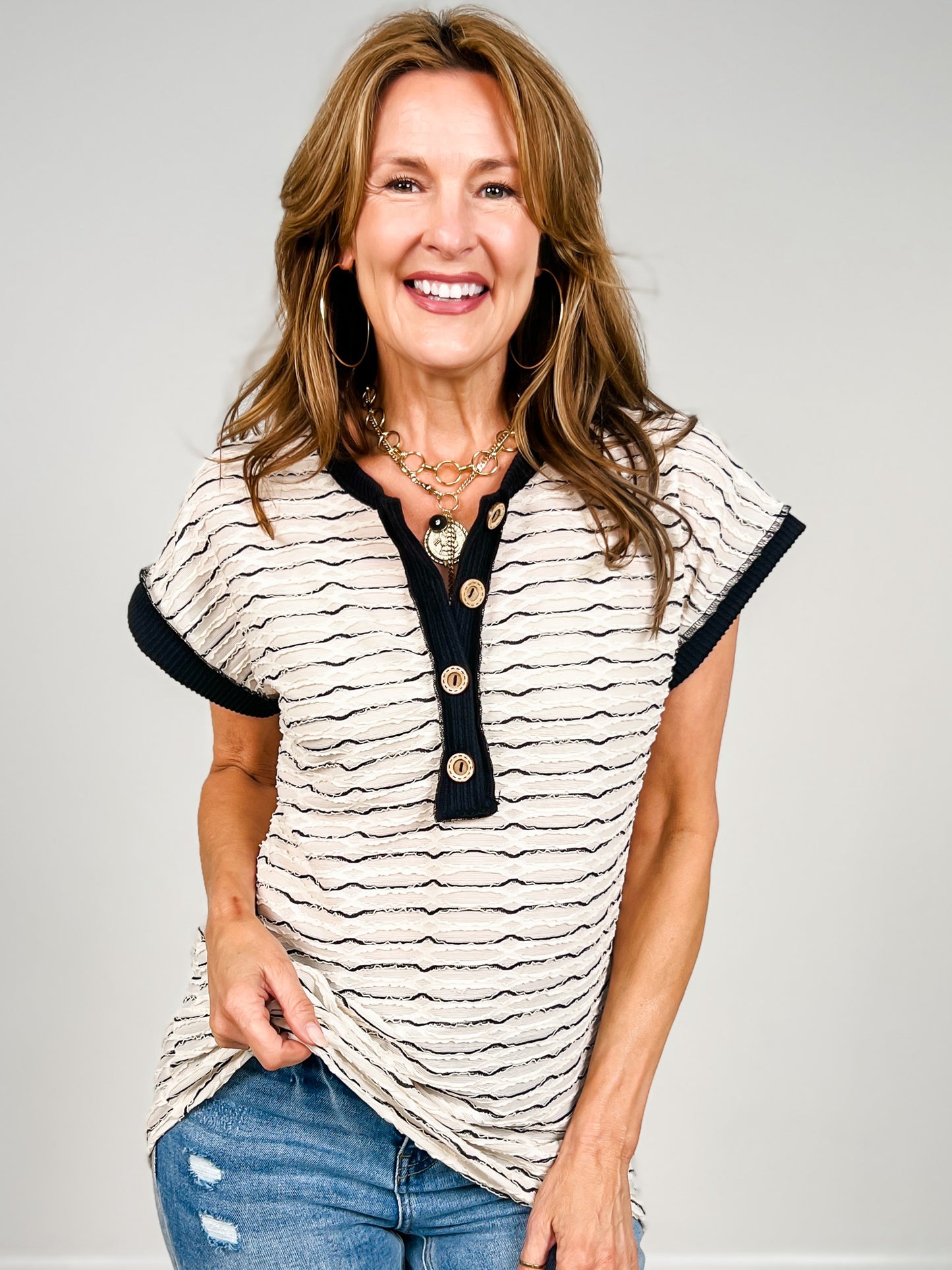 Short Sleeve Striped Henley Style Top