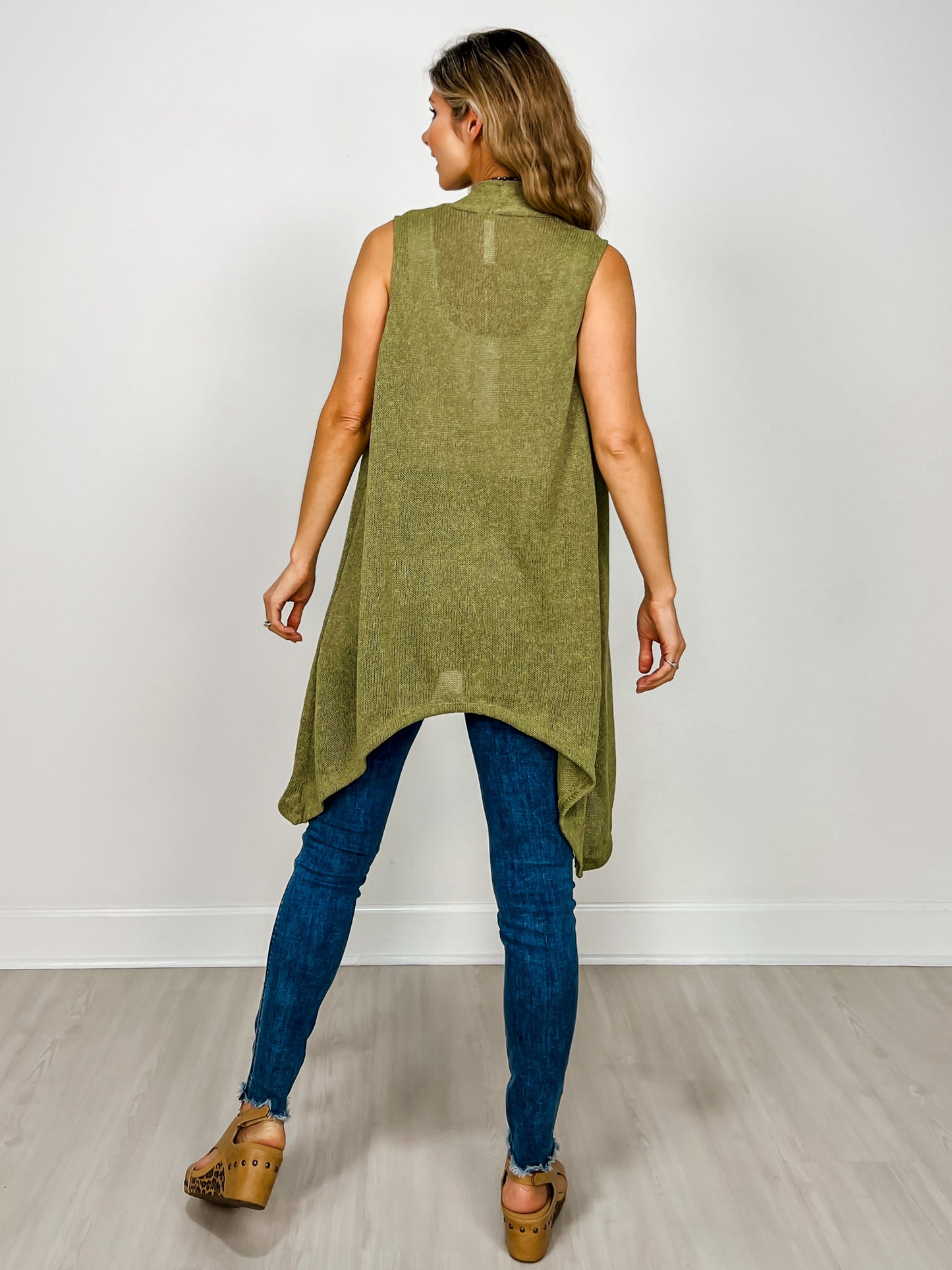 Front Drape Open Front Sleeveless Knit Vest in AVOCADO