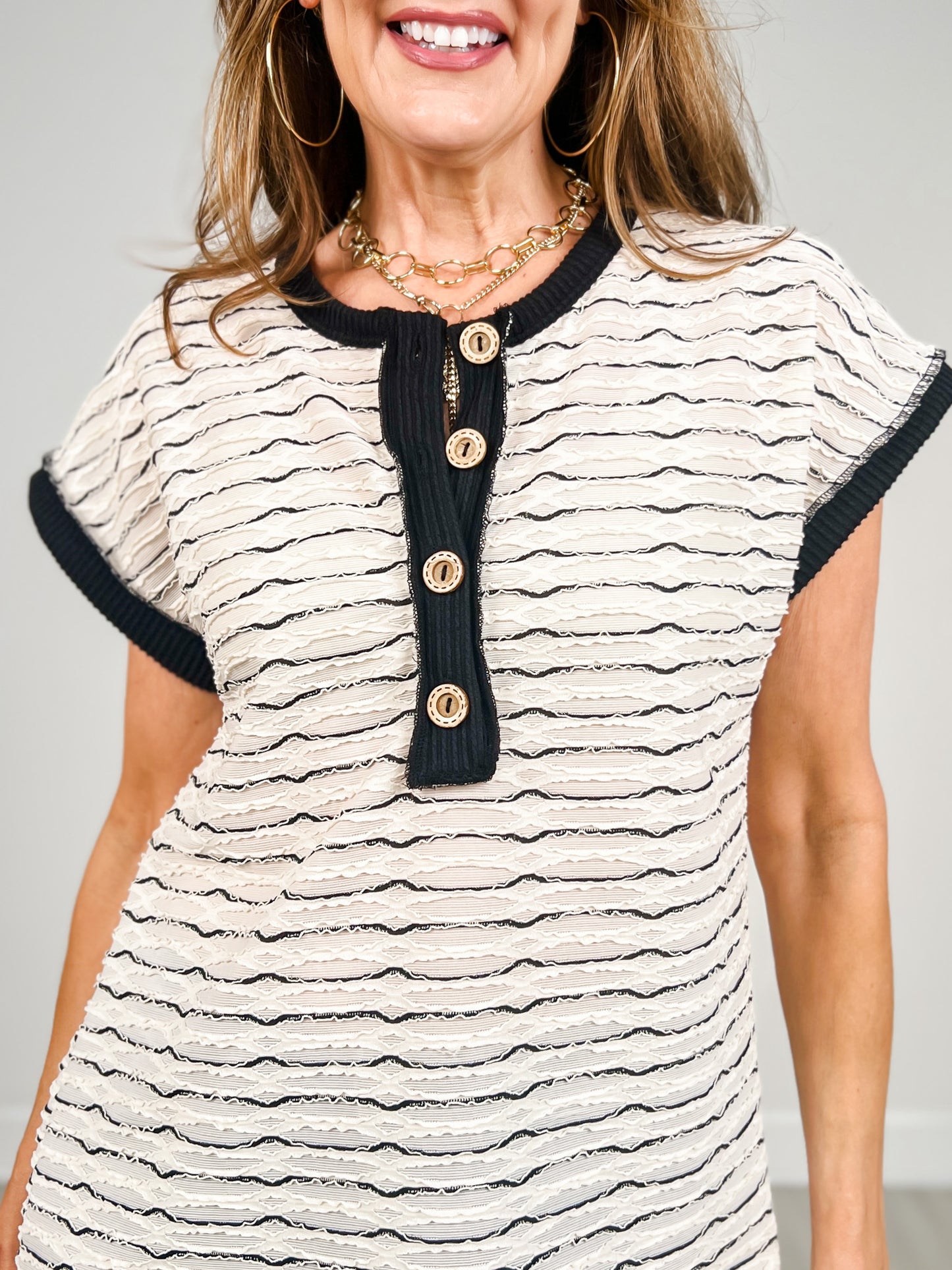 Short Sleeve Striped Henley Style Top