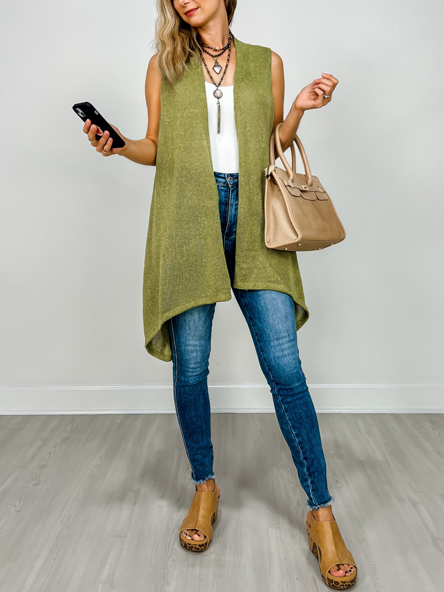 Front Drape Open Front Sleeveless Knit Vest in AVOCADO