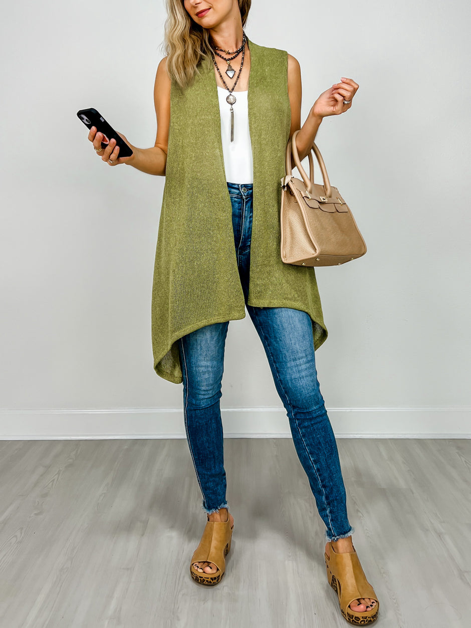 Front Drape Open Front Sleeveless Knit Vest in AVOCADO