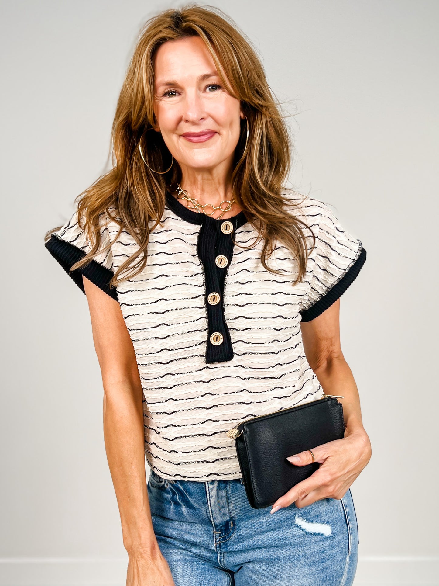 Short Sleeve Striped Henley Style Top