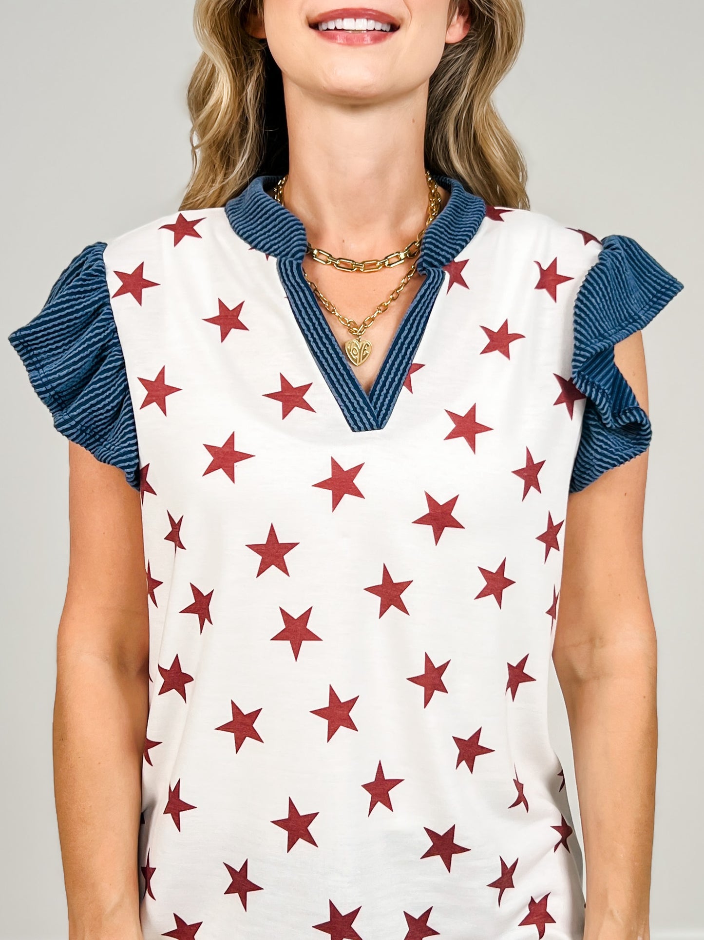 Star Print Ruffled Sleeveless Top with V-Neckline