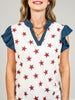 Star Print Ruffled Sleeveless Top with V-Neckline