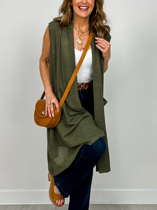 Open Front Crochet Midi Vest in DARK OLIVE