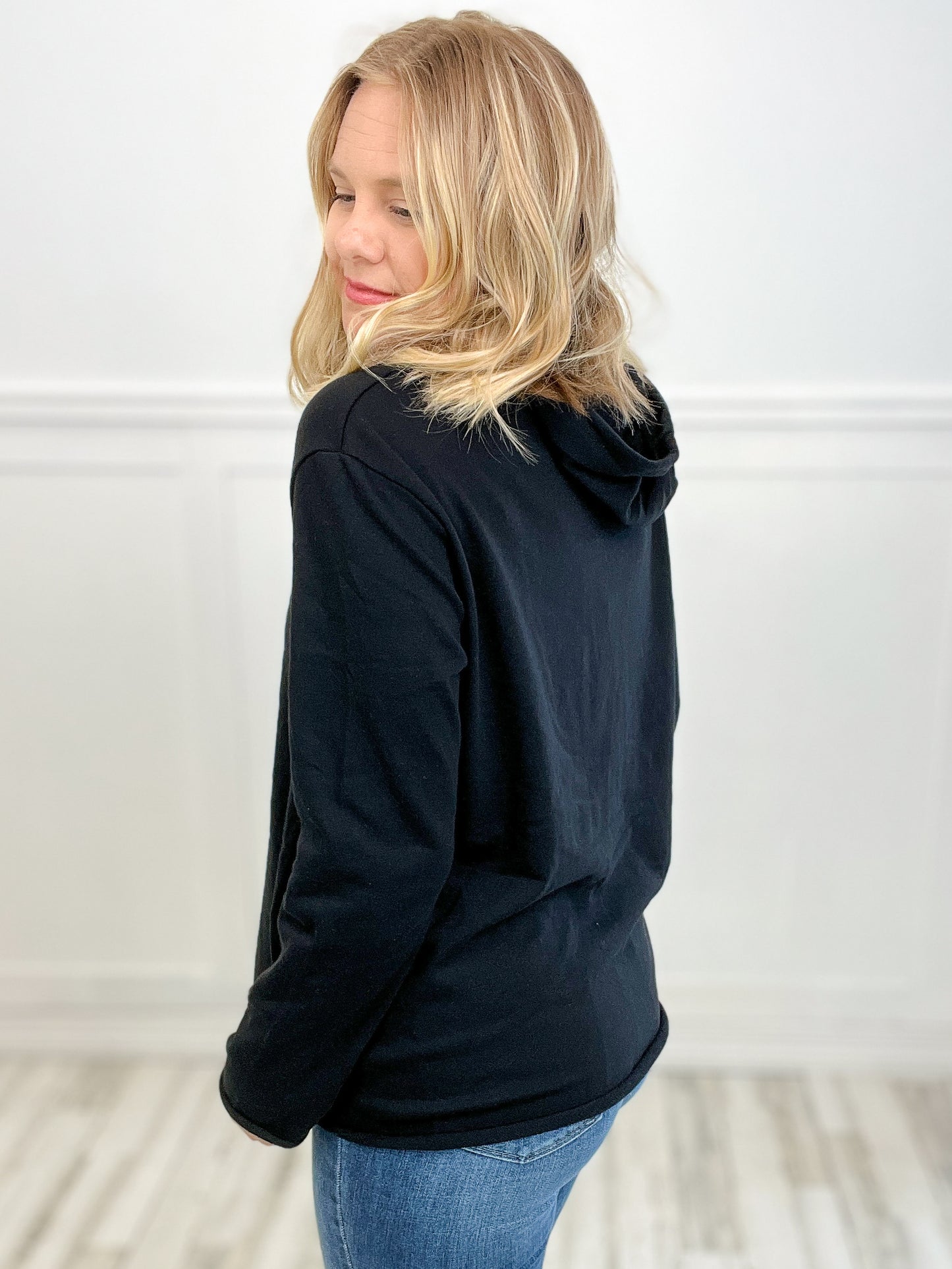 Long Sleeve Black Terry Cloth Hoodie Top