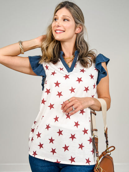 Star Print Ruffled Sleeveless Top with V-Neckline