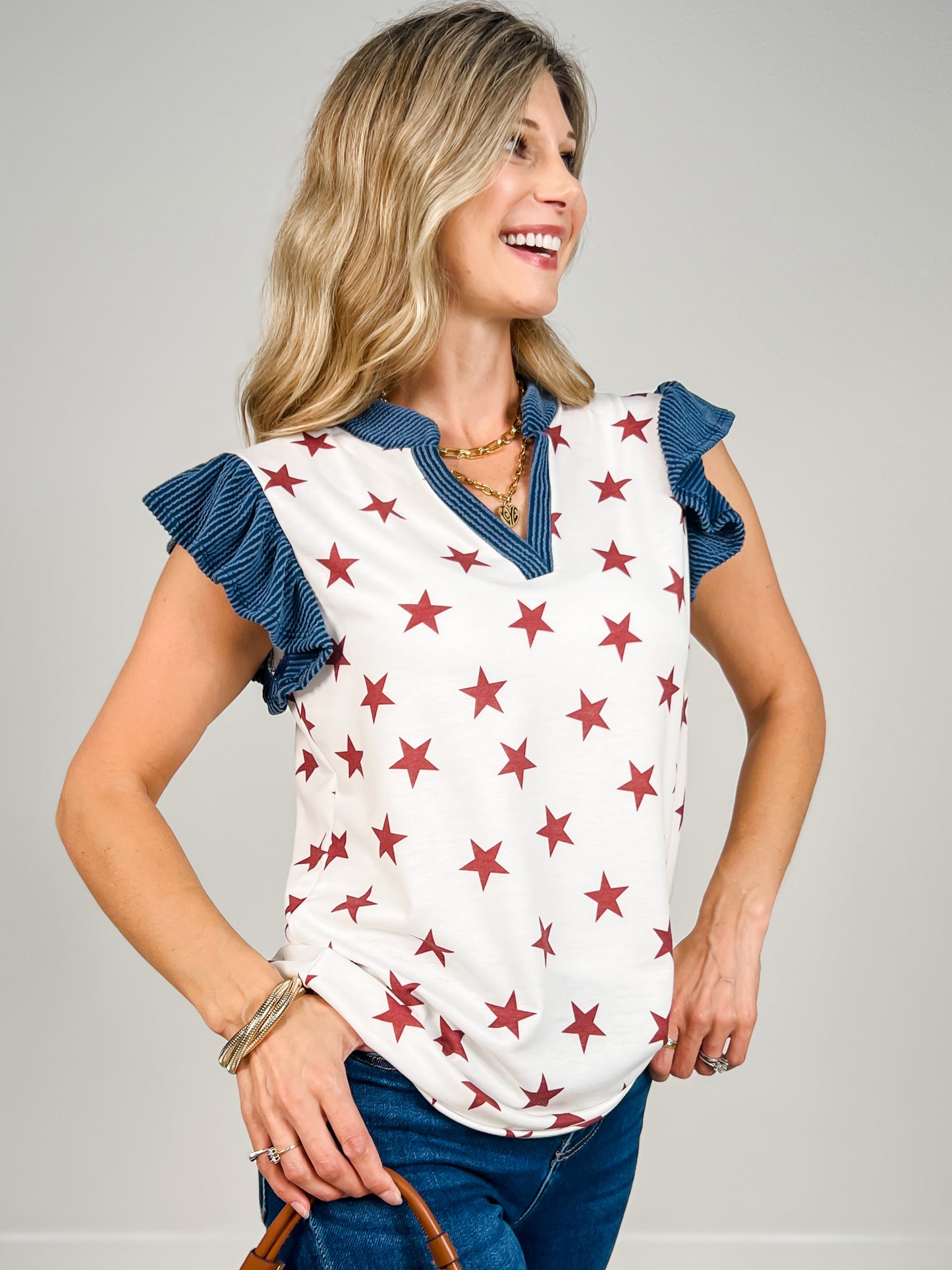 Star Print Ruffled Sleeveless Top with V-Neckline