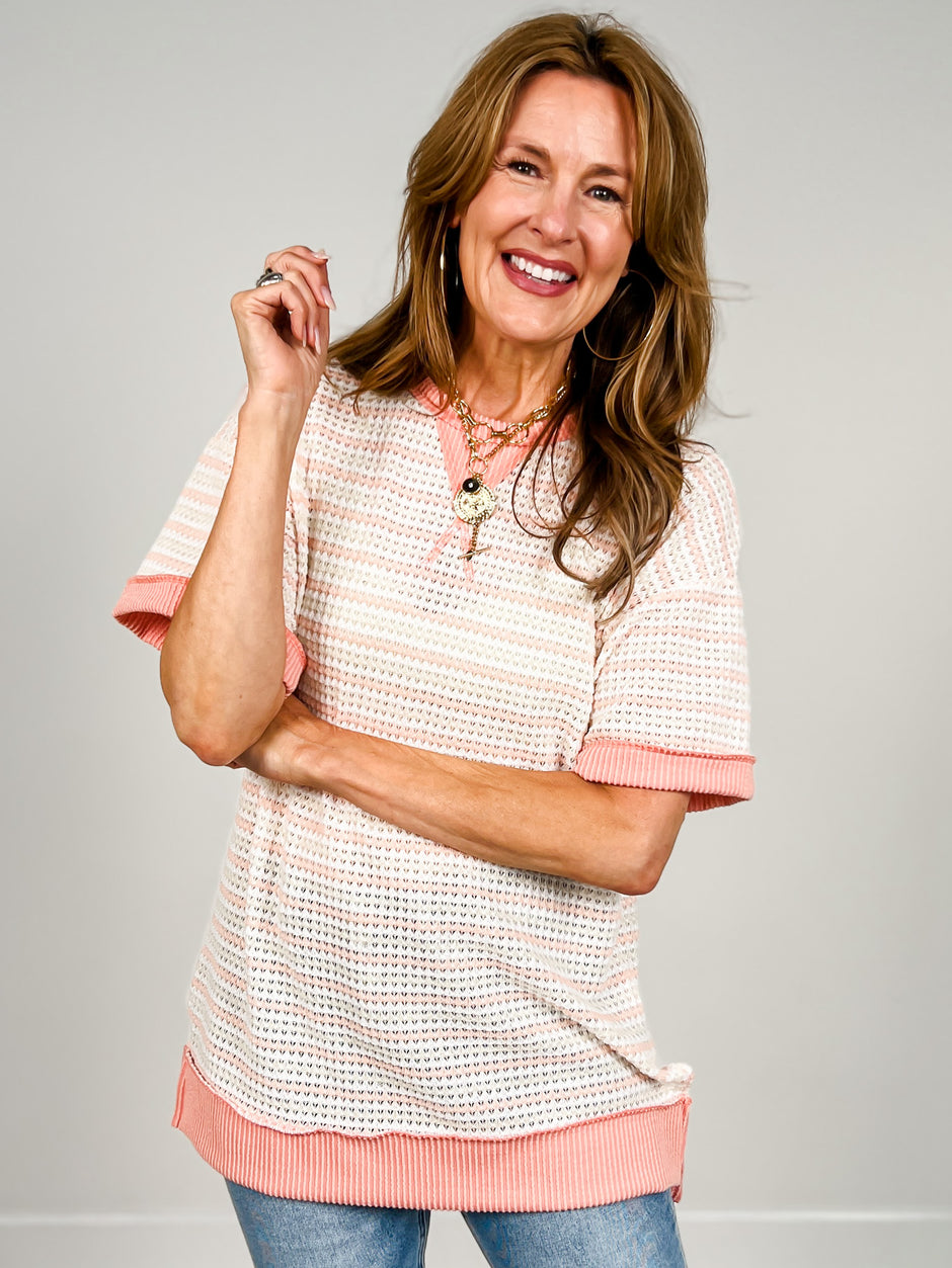 Thermal Knit Short Sleeve Top with Rounded Neckline
