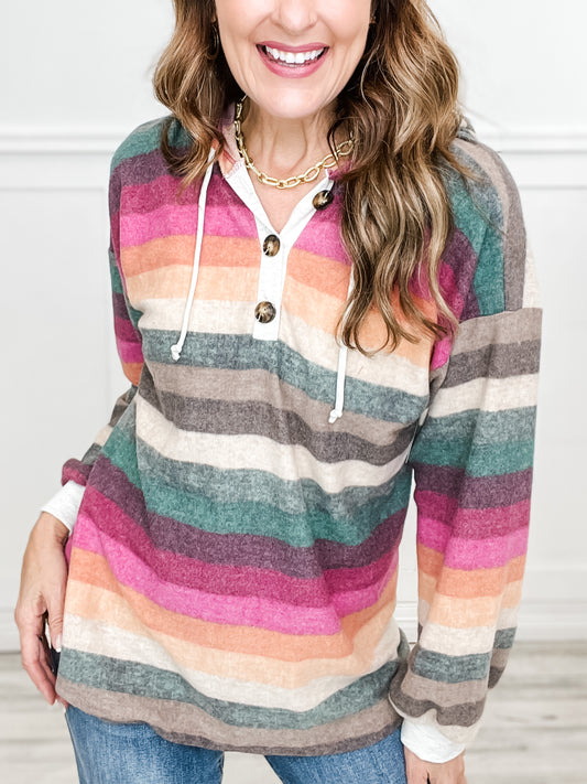 Long Sleeve Striped Henley Hooded Top