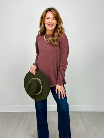 Mineral Washed Mock Neck Long Sleeve Cotton Top