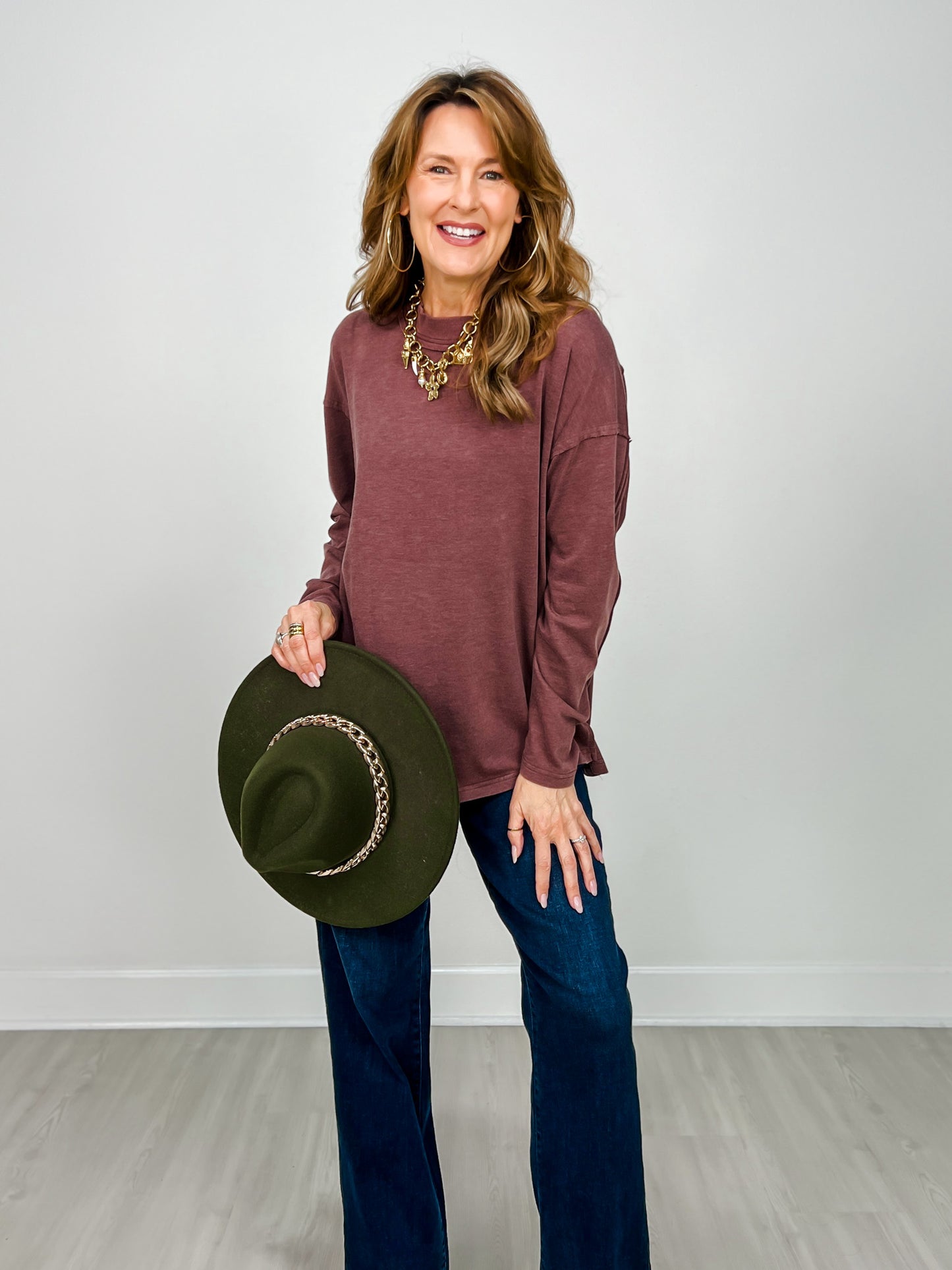 Mineral Washed Mock Neck Long Sleeve Cotton Top