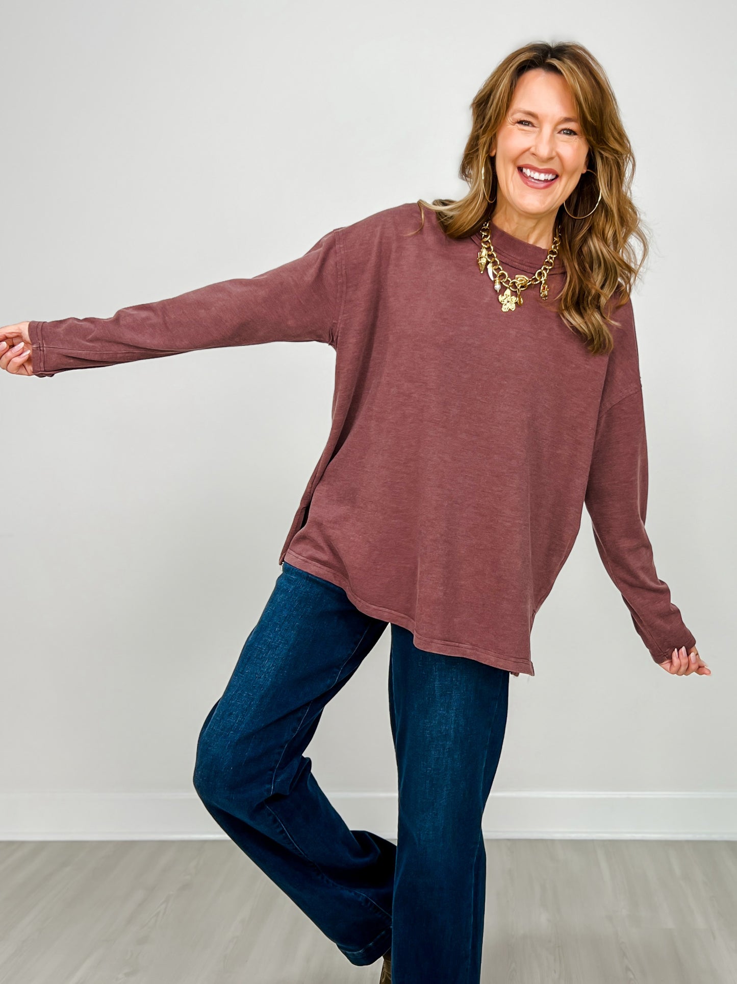 Mineral Washed Mock Neck Long Sleeve Cotton Top