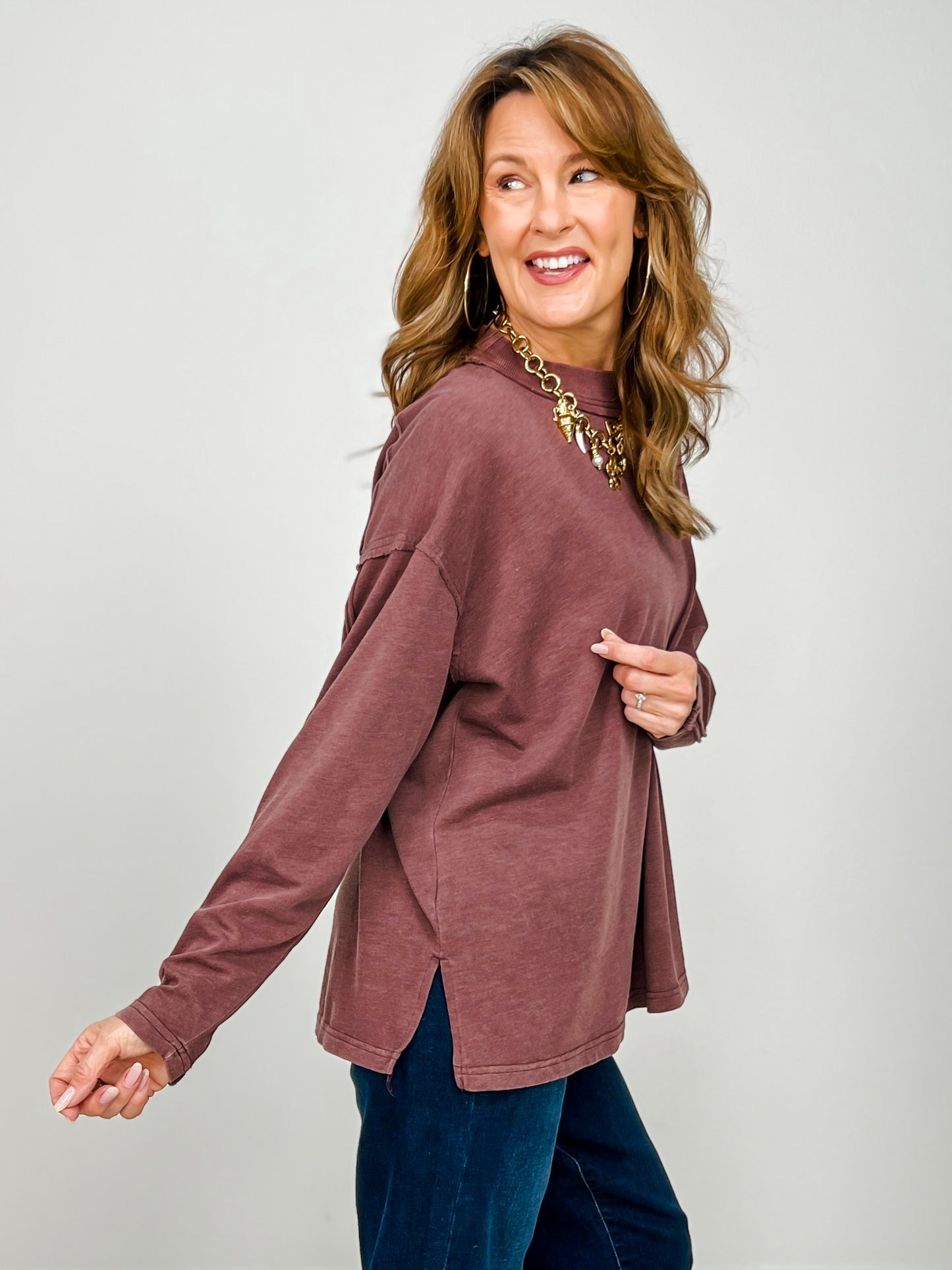 Mineral Washed Mock Neck Long Sleeve Cotton Top