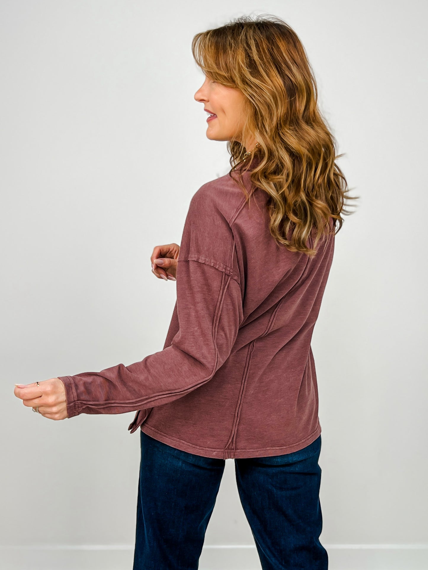 Mineral Washed Mock Neck Long Sleeve Cotton Top