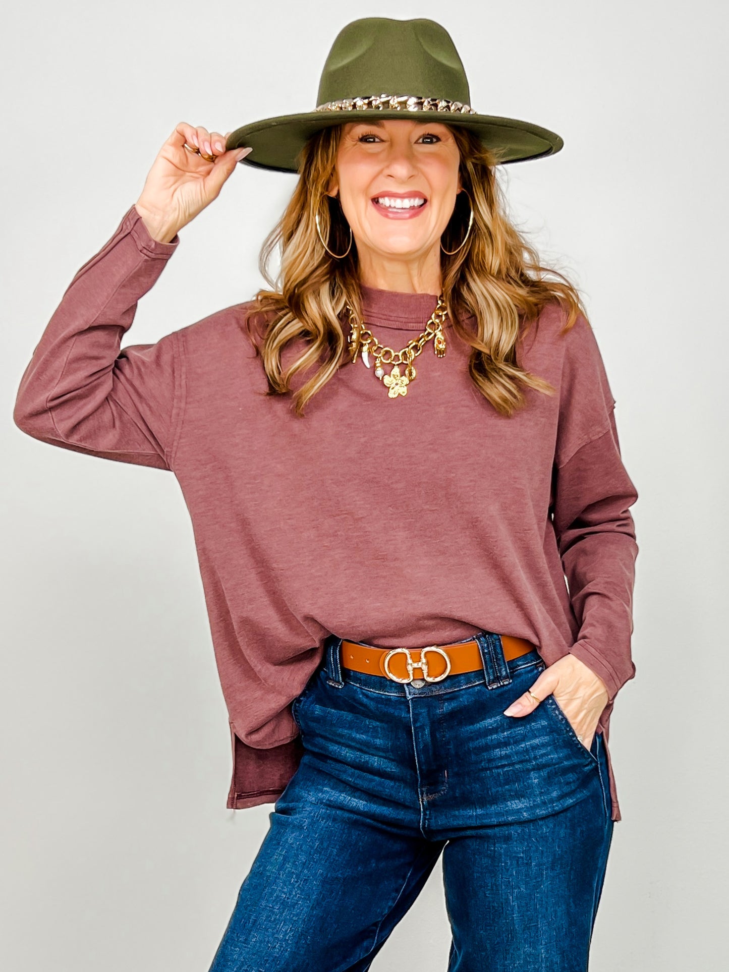 Mineral Washed Mock Neck Long Sleeve Cotton Top