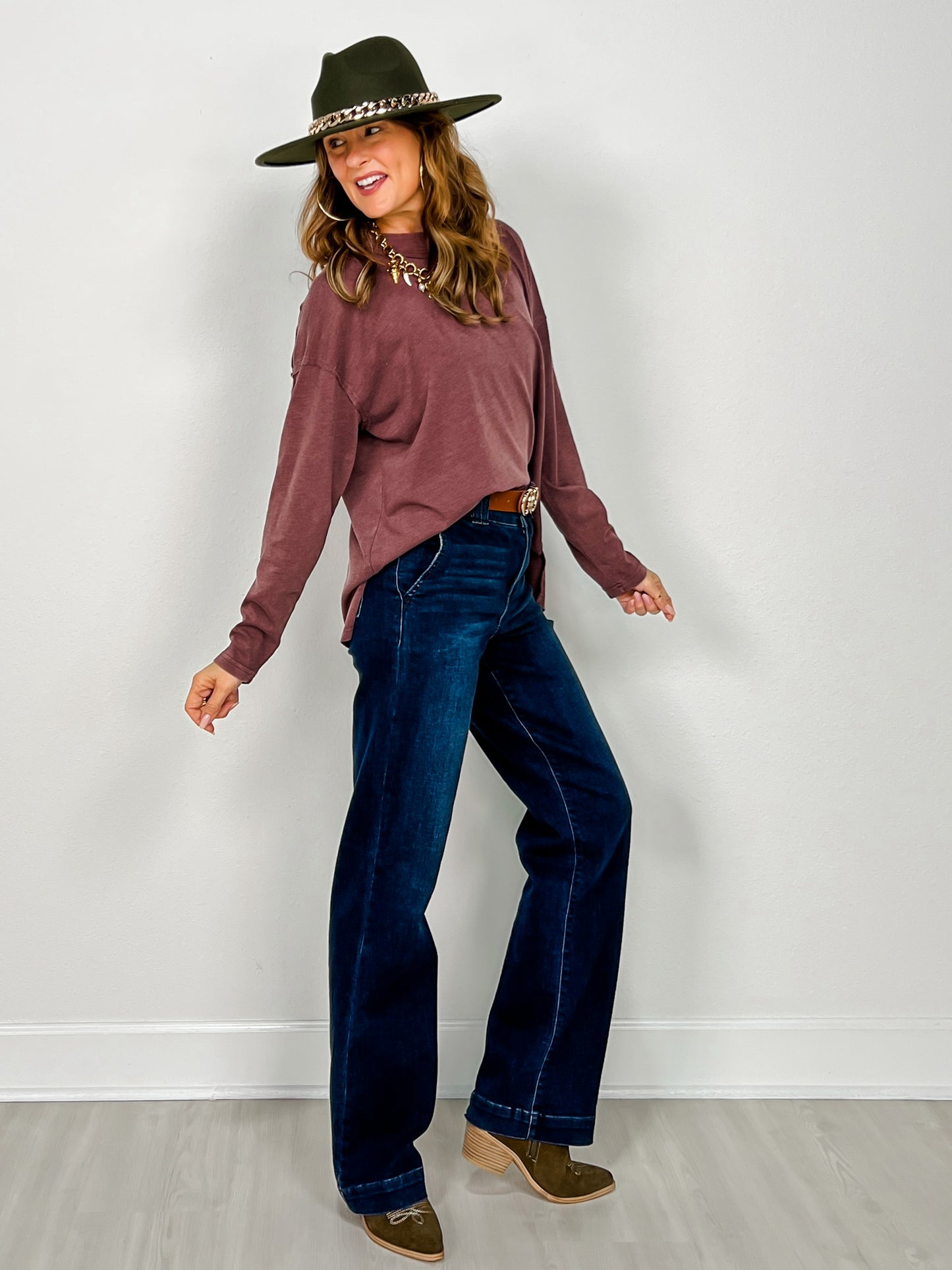 Mineral Washed Mock Neck Long Sleeve Cotton Top