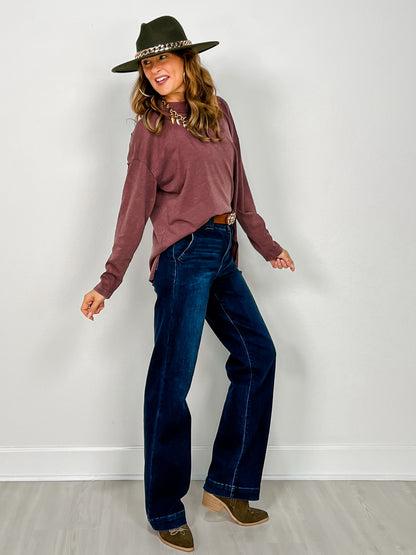 Mineral Washed Mock Neck Long Sleeve Cotton Top