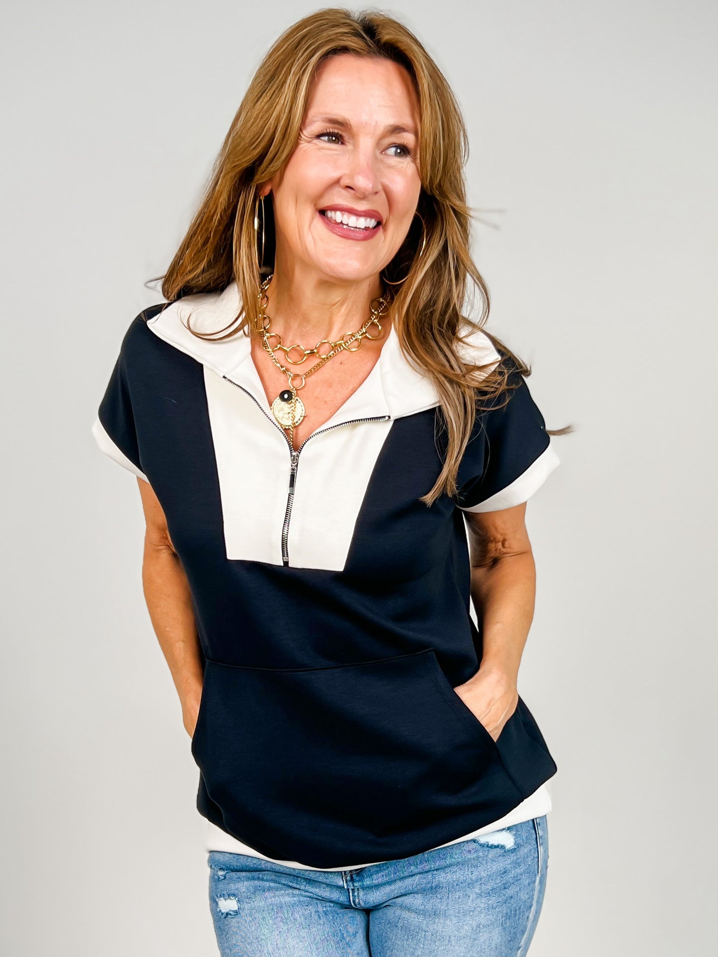 Short Sleeve Modal Zip Up Top