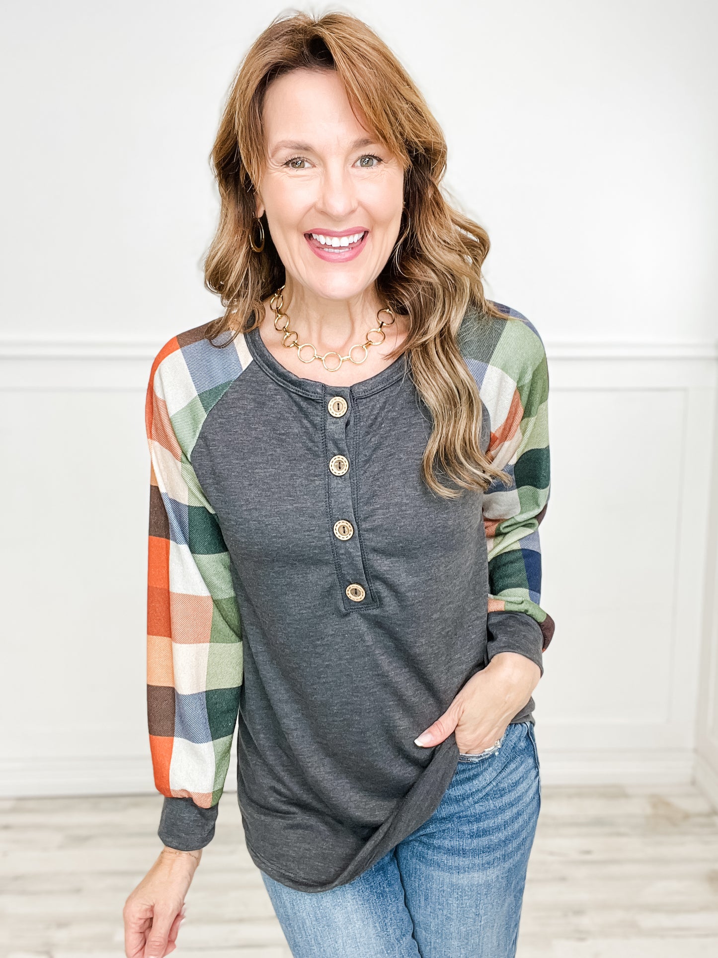 Long Puff Sleeve Henley Top with Plaid and Solid Contrast