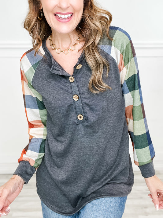 Long Puff Sleeve Henley Top with Plaid and Solid Contrast