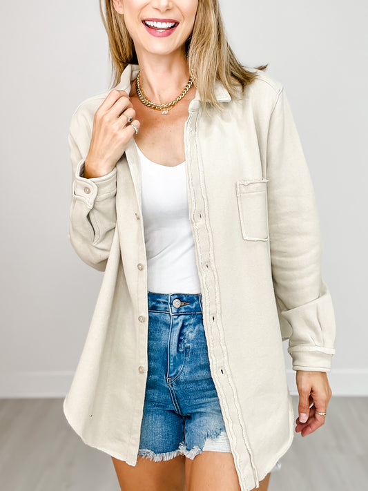 Raw Edge Cotton Button Down Shacket