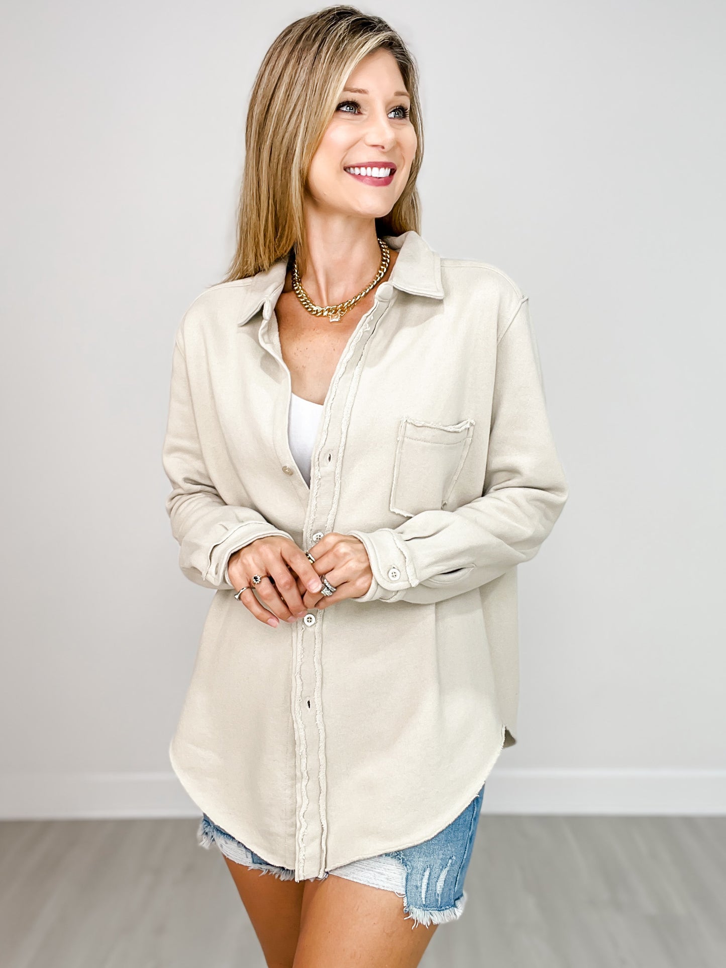 Raw Edge Cotton Button Down Shacket