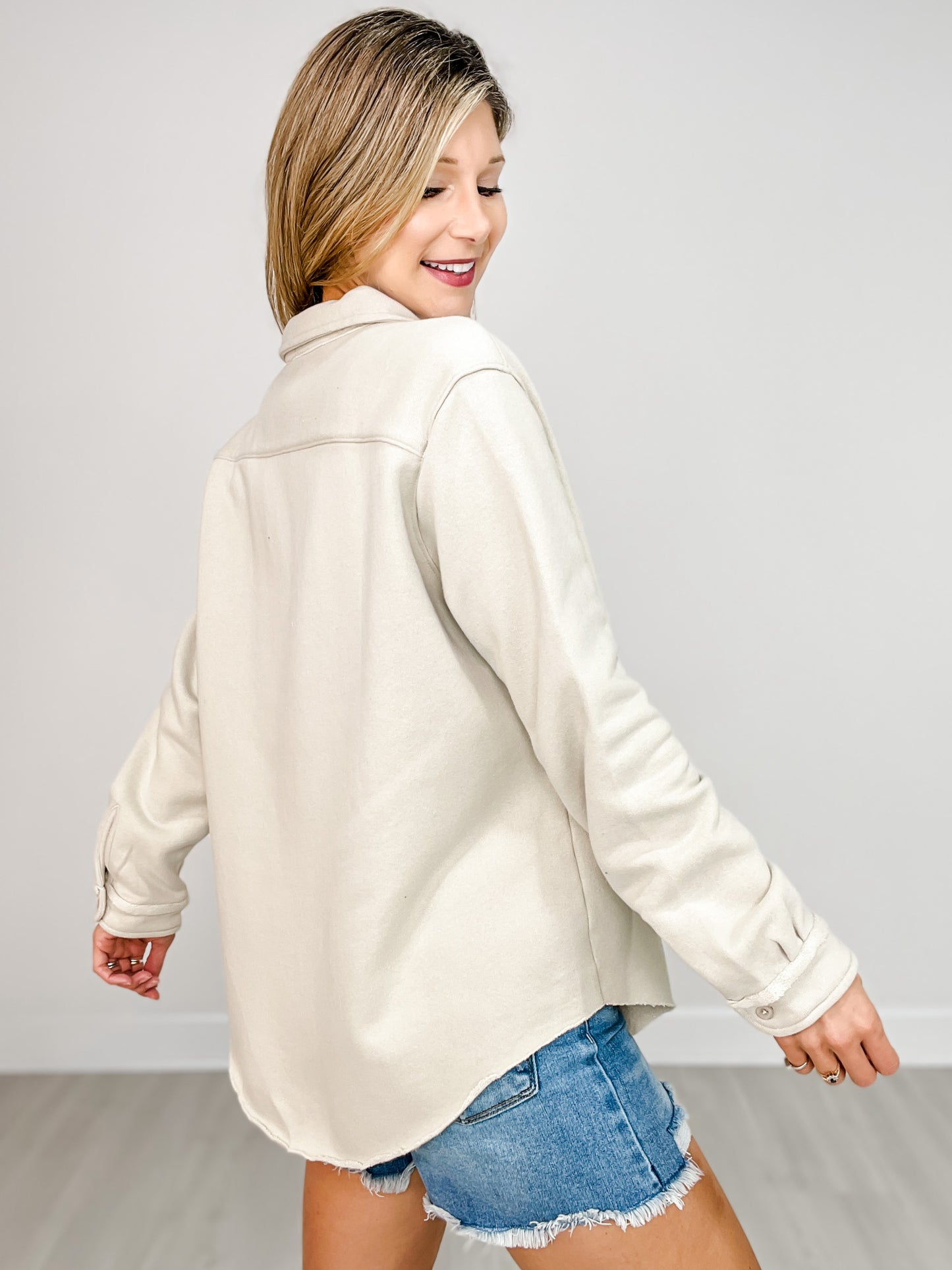 Raw Edge Cotton Button Down Shacket