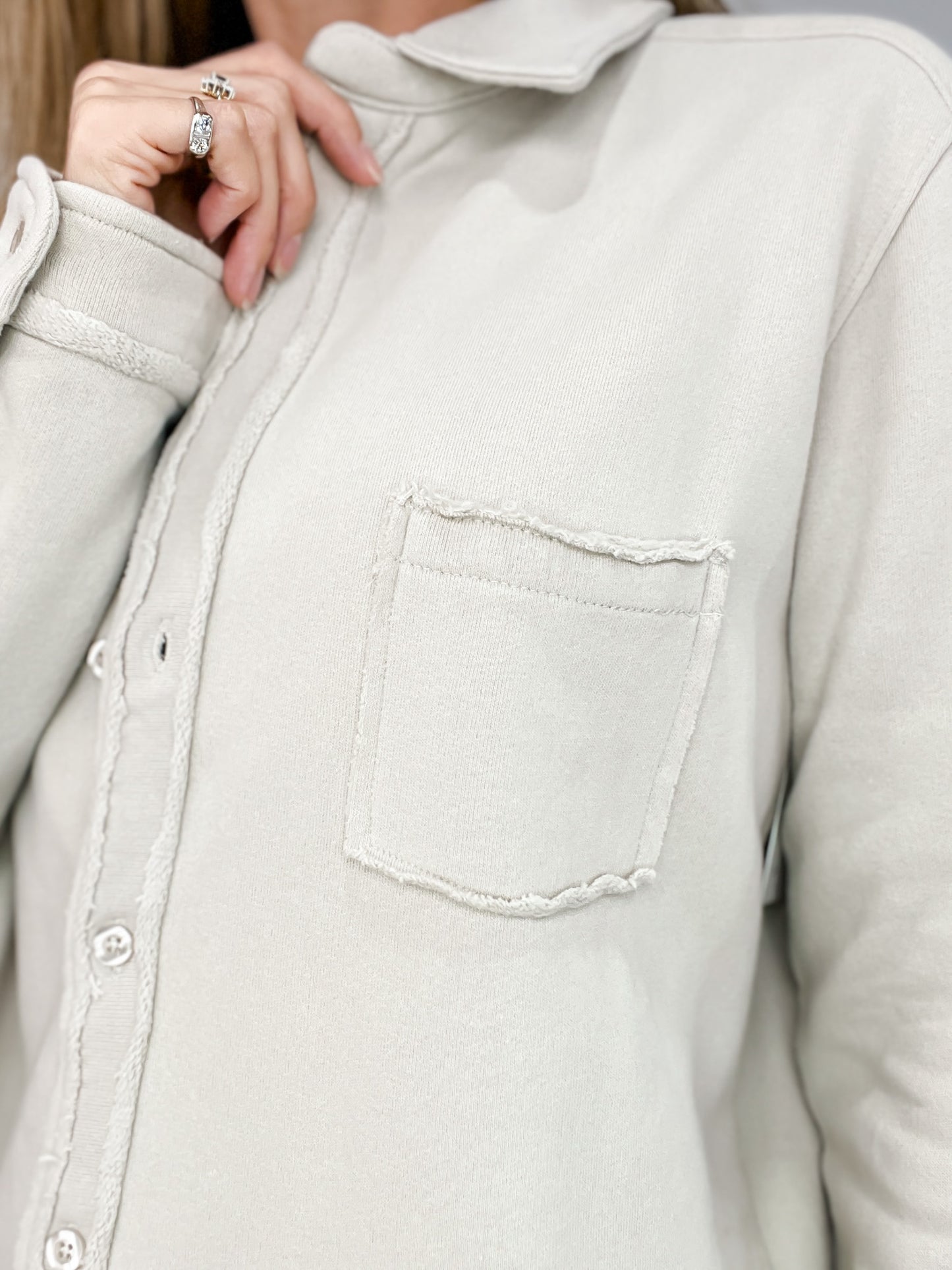 Raw Edge Cotton Button Down Shacket