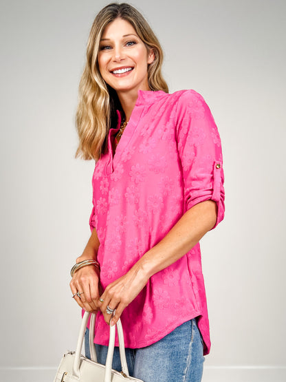 3/4 Sleeve Floral Textured Split Neck Top -GRP A