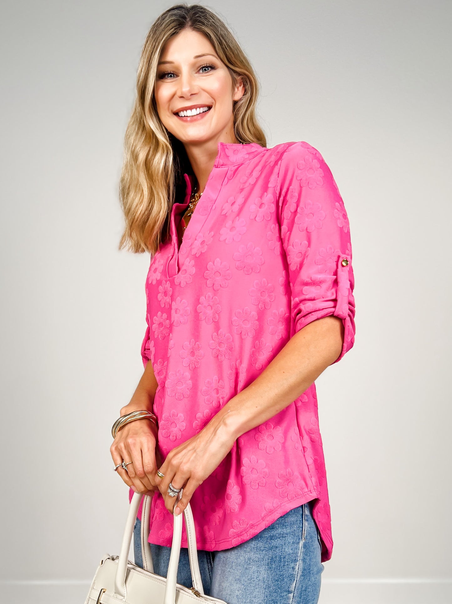 3/4 Sleeve Floral Textured Split Neck Top -GRP A