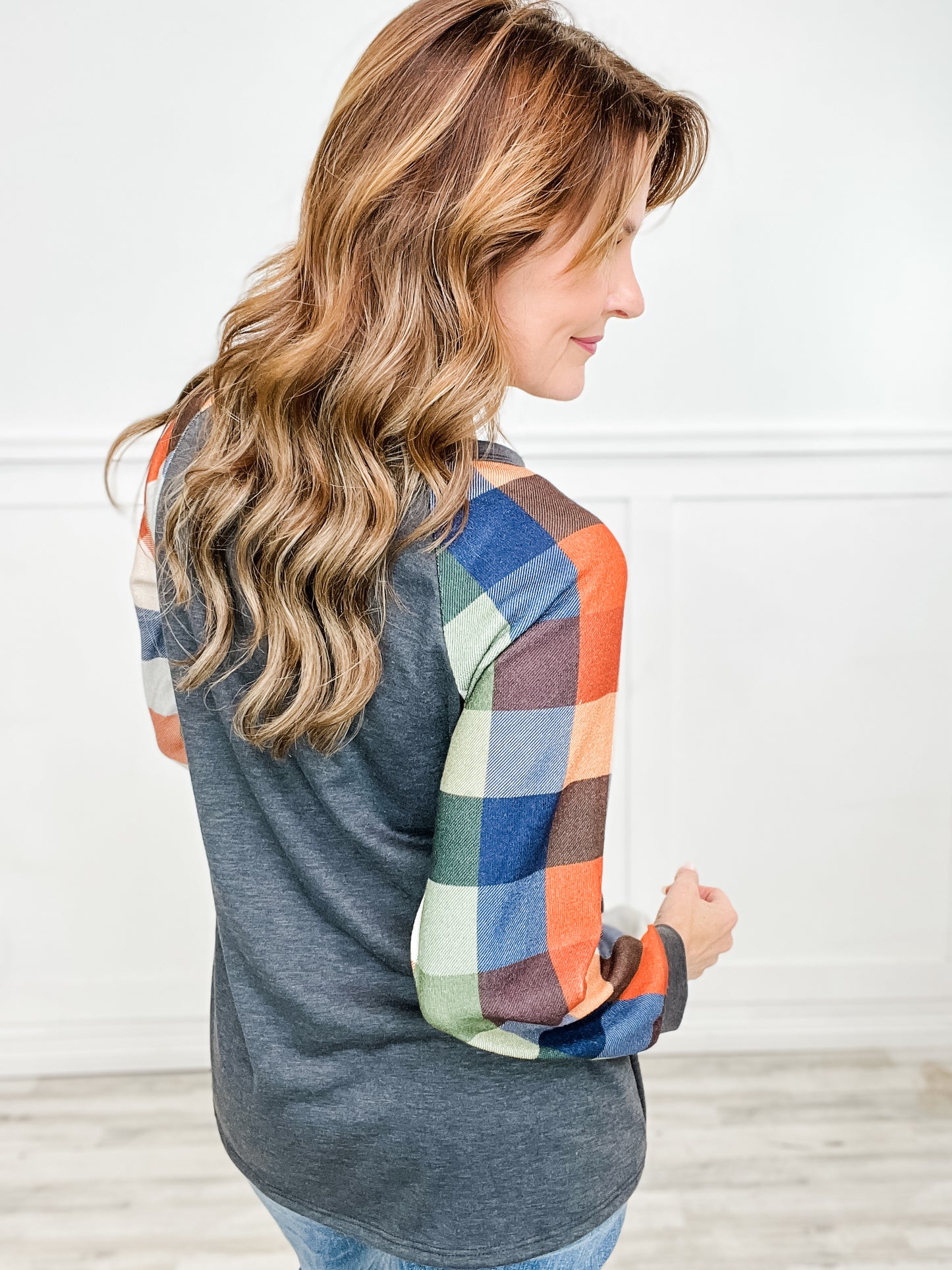 Long Puff Sleeve Henley Top with Plaid and Solid Contrast