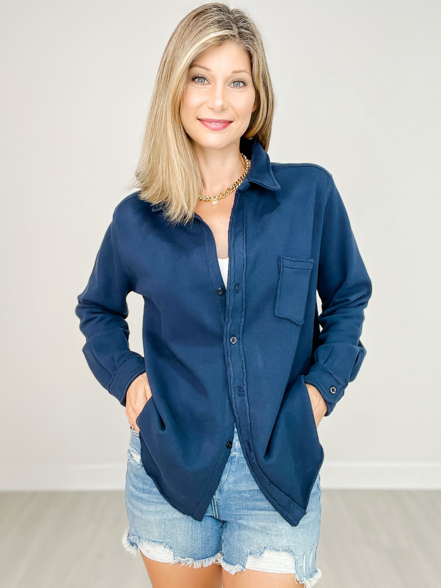 Raw Edge Cotton Button Down Shacket