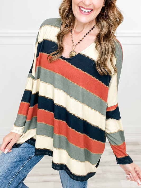 Long Sleeve Dolman Striped V-Neck Top