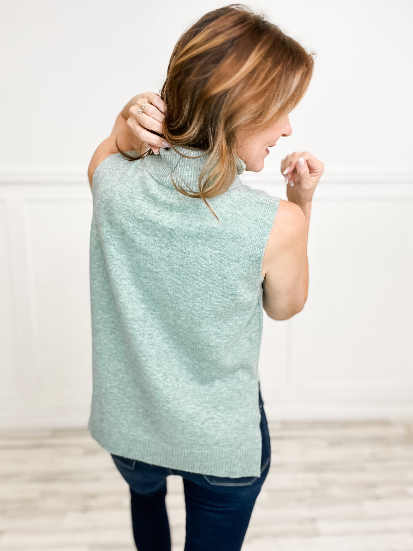 Wool Blend Turtleneck Sweater Vest with Side Slits