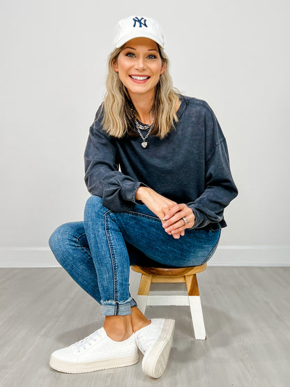 Mineral Washed Long Sleeve Cotton Cropped Top