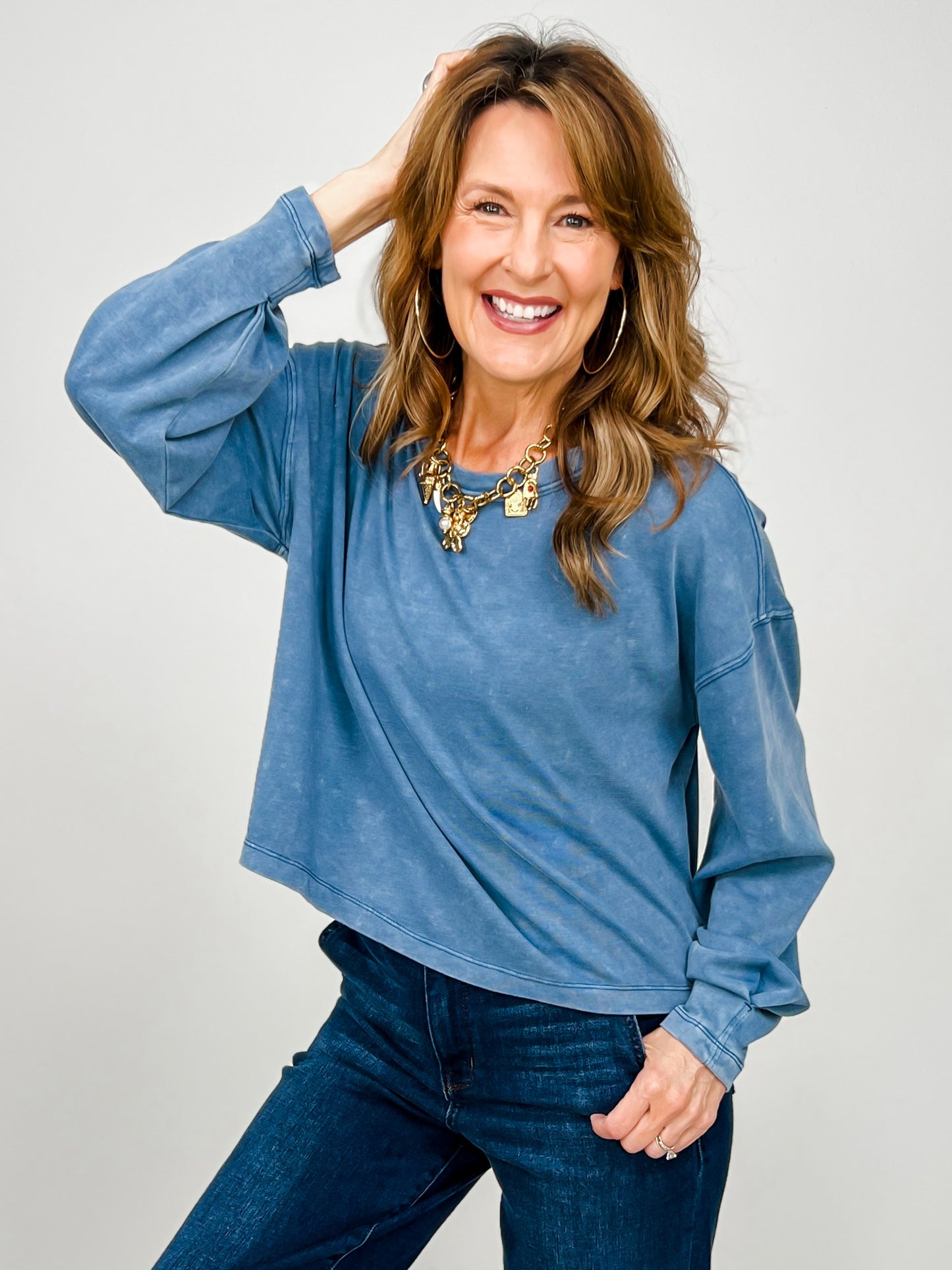 Mineral Washed Long Sleeve Cotton Cropped Top