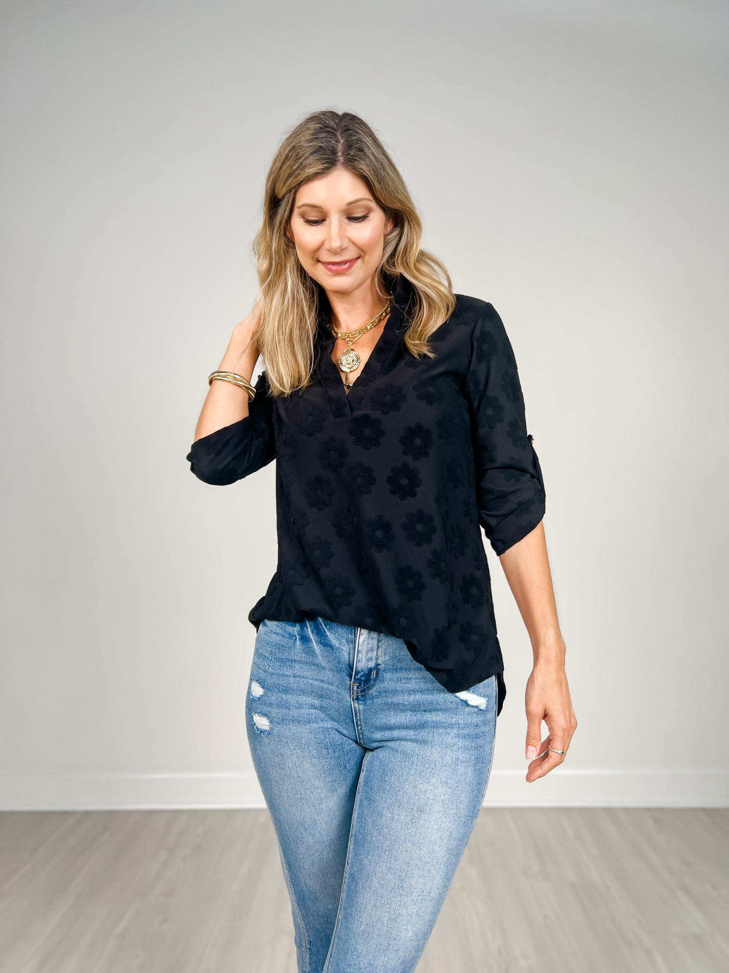 3/4 Sleeve Floral Textured Split Neck Top -GRP A